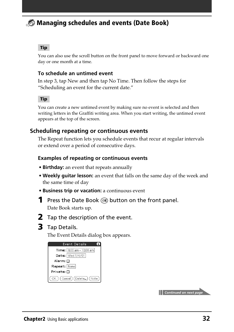 Repeating or continuous events, 32 managing schedules and events (date book) | Sony PEG-N610C User Manual | Page 32 / 232