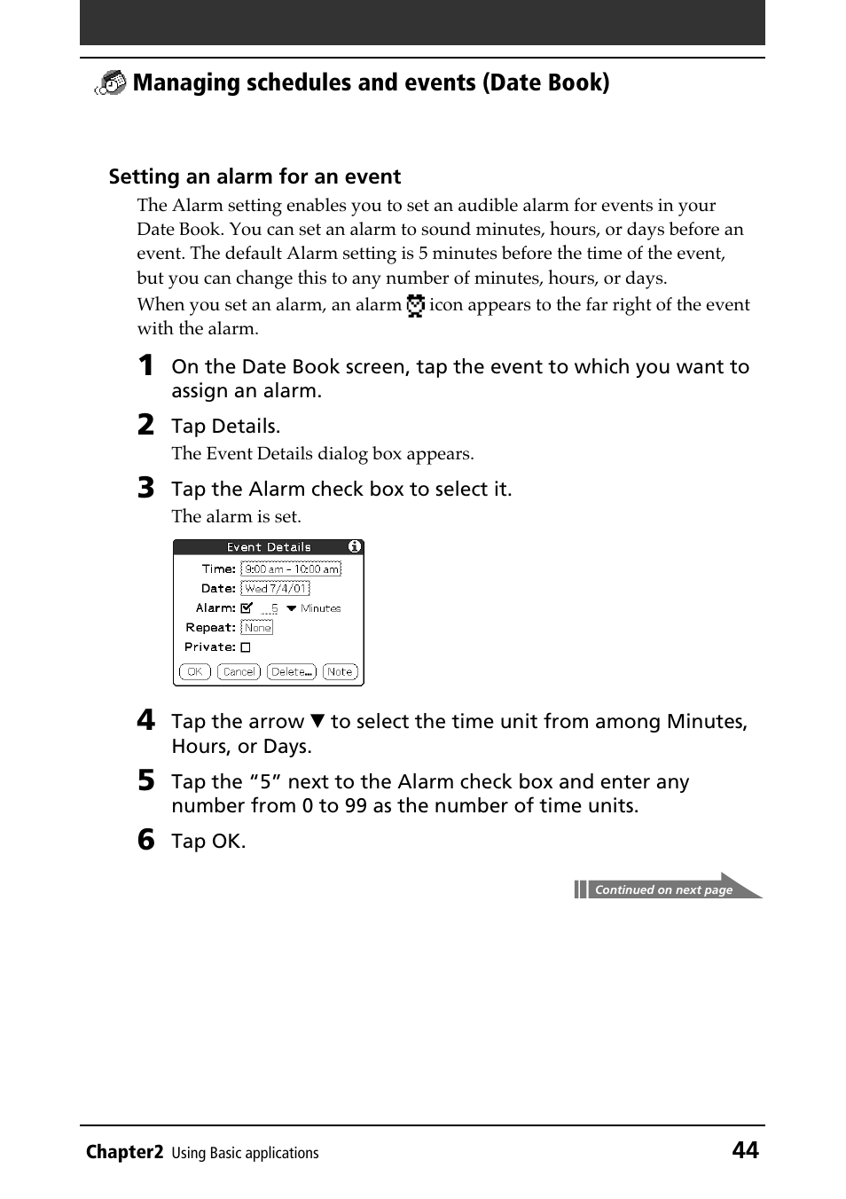 Setting alarm | Sony PEG-N610C User Manual | Page 44 / 232