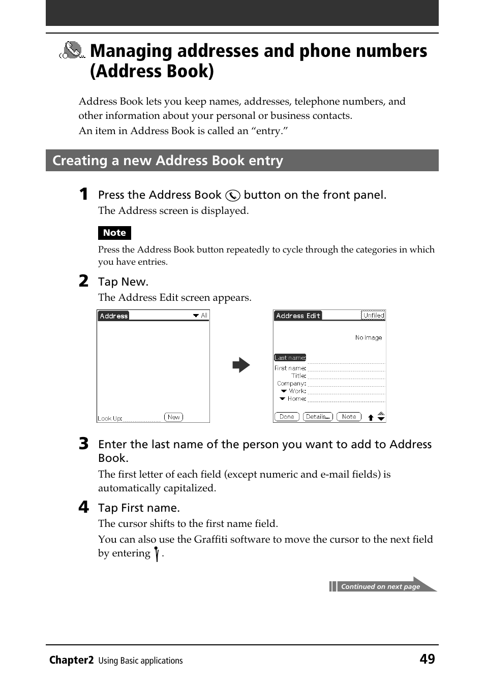 Creating a new address book entry, Entering a new entry, Address book | Managing addresses and phone, Numbers (address book) | Sony PEG-N610C User Manual | Page 49 / 232