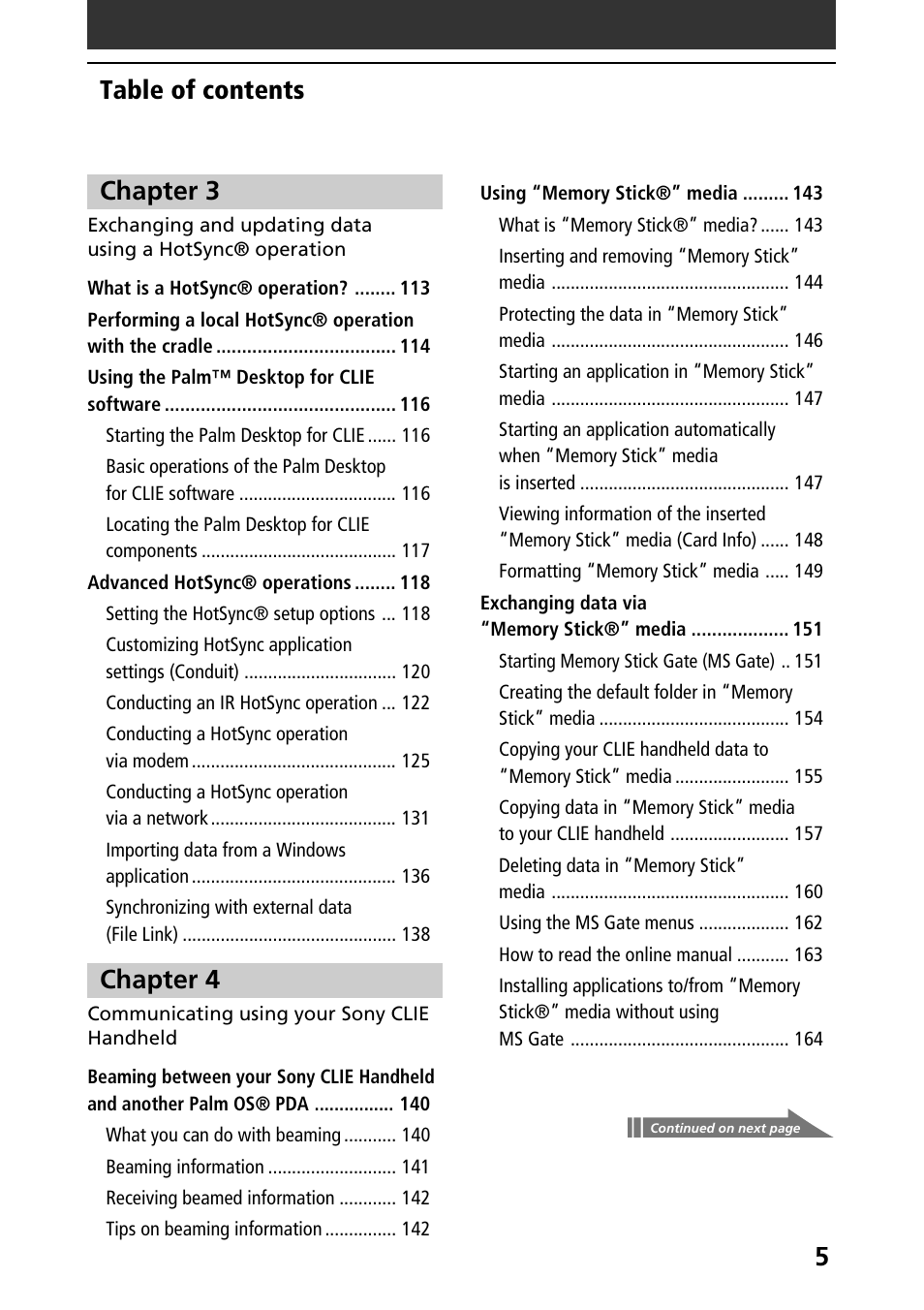 5table of contents chapter 3, Chapter 4 | Sony PEG-N610C User Manual | Page 5 / 232