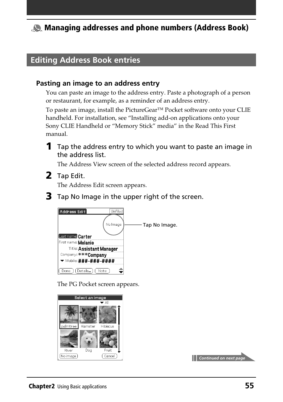 Editing address book entries, Editing, Pasting an image | Sony PEG-N610C User Manual | Page 55 / 232