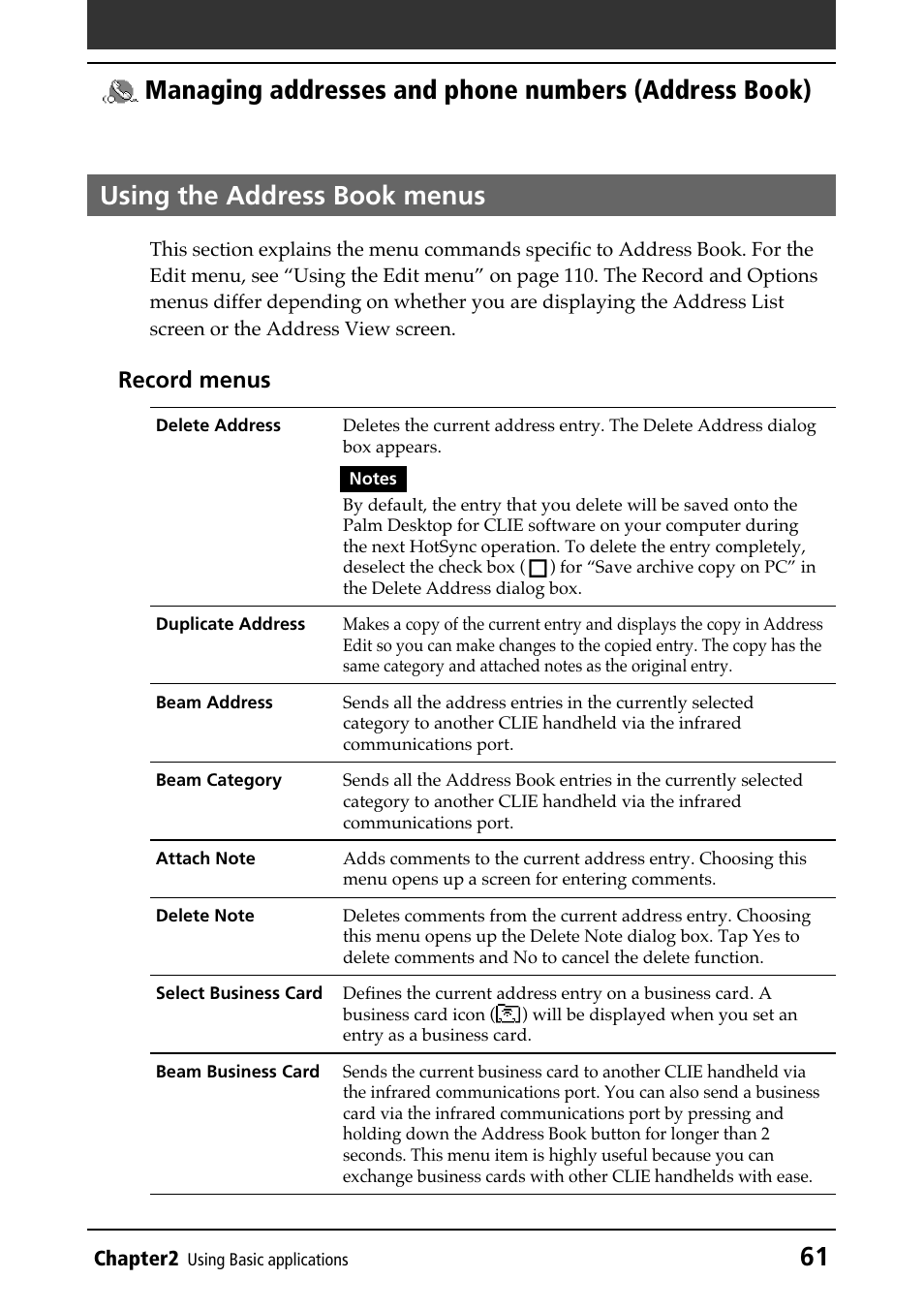 Using the address book menus, Using menus, Record menus | Sony PEG-N610C User Manual | Page 61 / 232