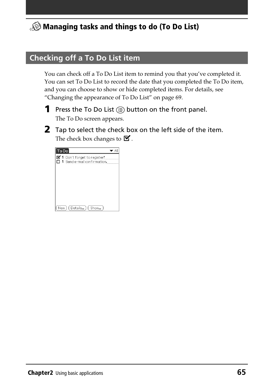 Checking off a to do list item, Checking off items | Sony PEG-N610C User Manual | Page 65 / 232