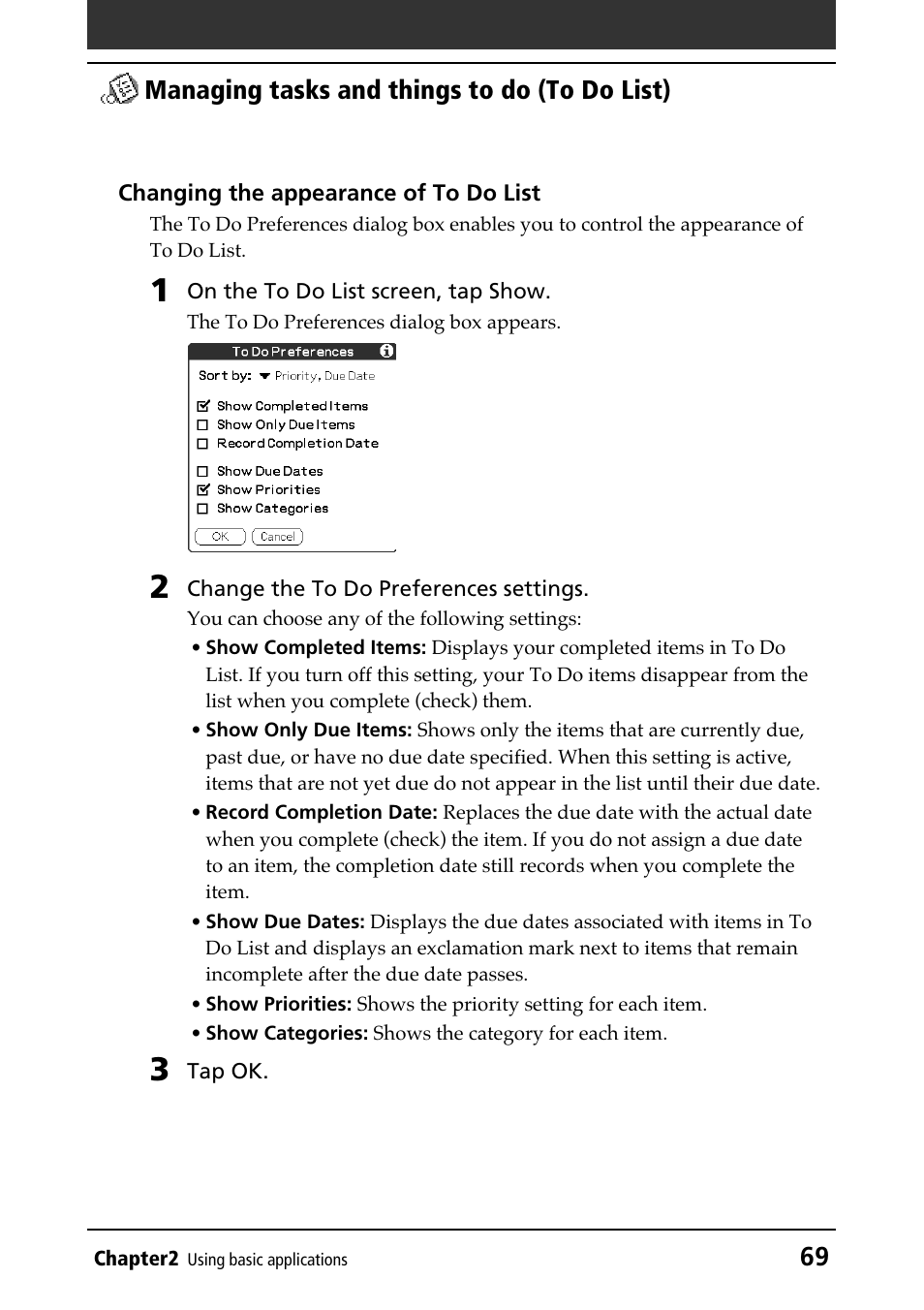 Changing appearance, 69 managing tasks and things to do (to do list) | Sony PEG-N610C User Manual | Page 69 / 232