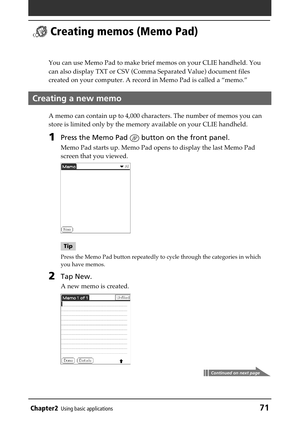 Creating memos (memo pad), Creating a new memo, Creating new memos | Memo pad | Sony PEG-N610C User Manual | Page 71 / 232