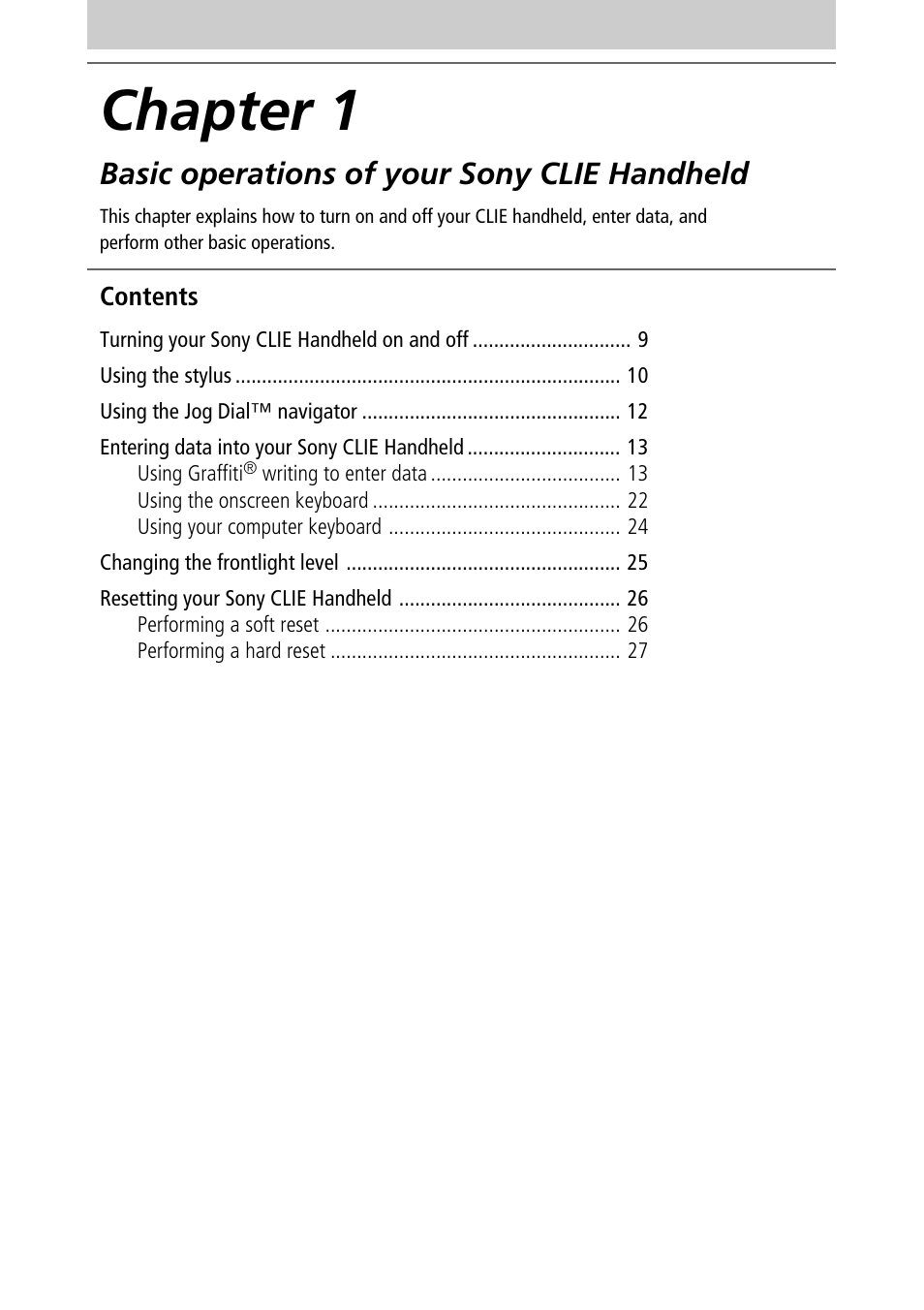 Chapter 1, Basic operations of your sony clie handheld, Turning your sony clie handheld on and off | Sony PEG-N610C User Manual | Page 8 / 232