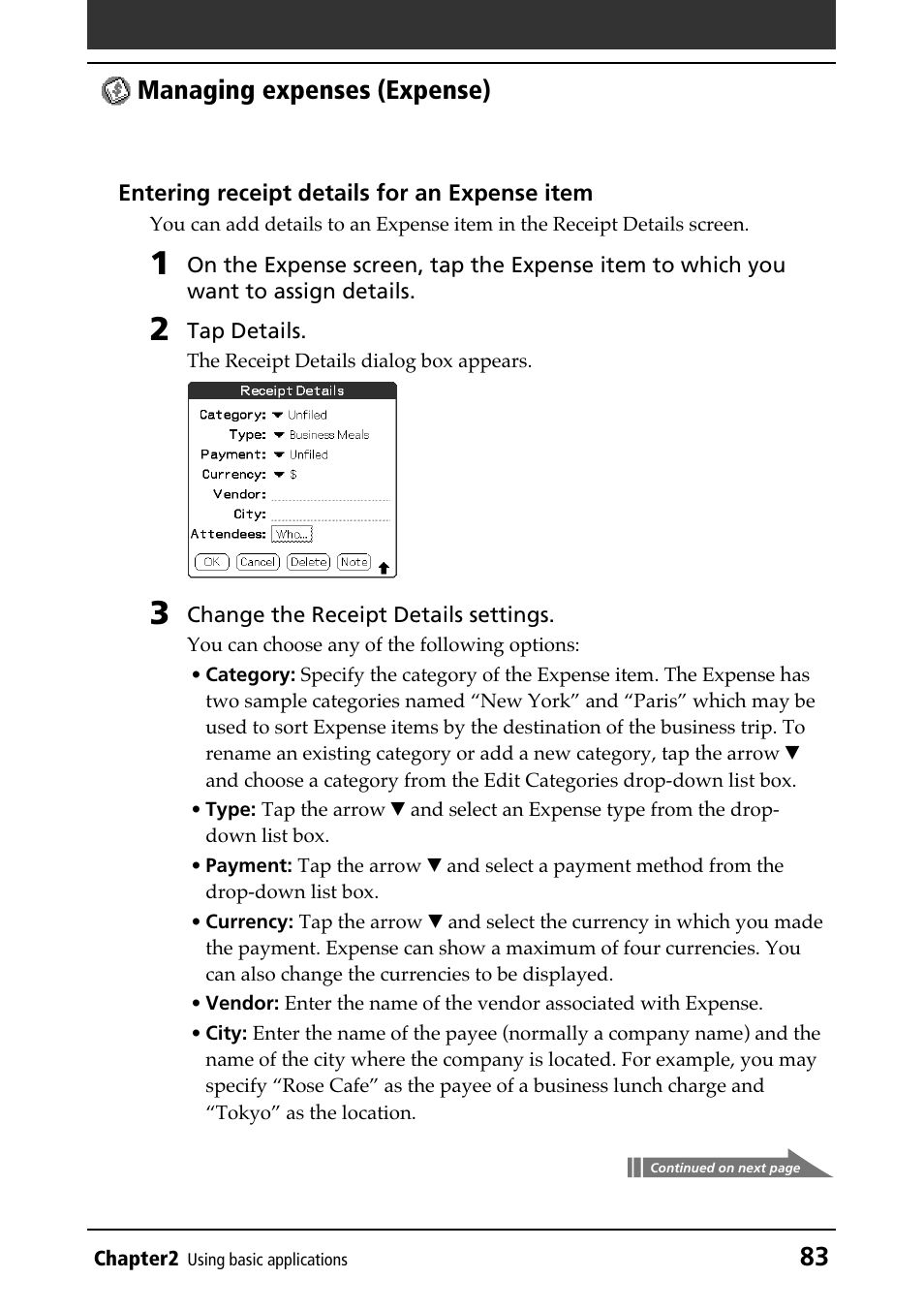 83 managing expenses (expense) | Sony PEG-N610C User Manual | Page 83 / 232