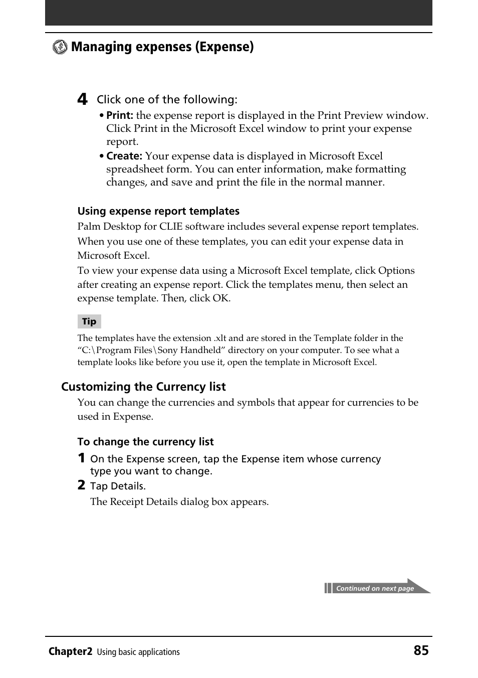 Currency list, 85 managing expenses (expense) | Sony PEG-N610C User Manual | Page 85 / 232