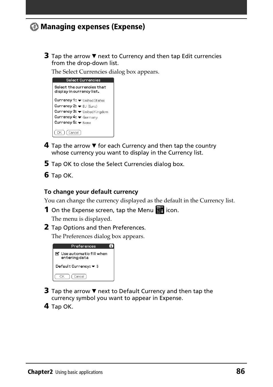 Default currency, 86 managing expenses (expense) 3 | Sony PEG-N610C User Manual | Page 86 / 232