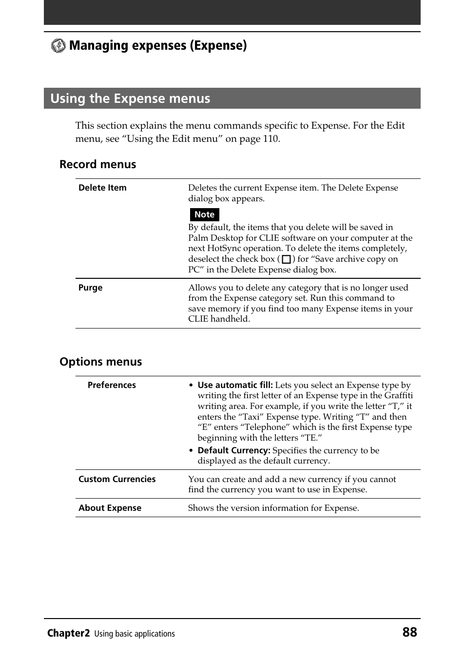 Using the expense menus, Using menus | Sony PEG-N610C User Manual | Page 88 / 232