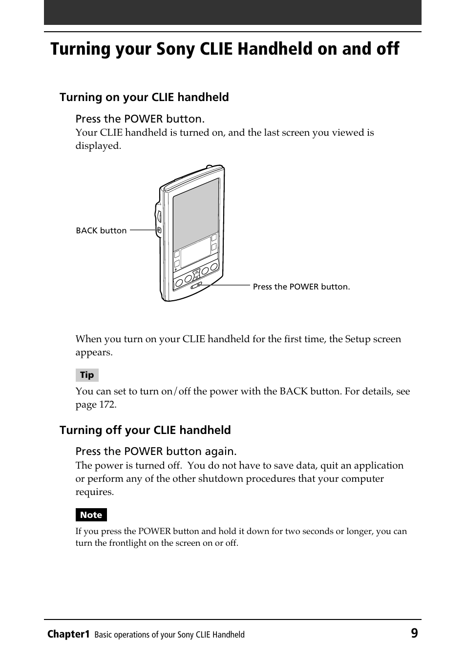 Turning your sony clie handheld on and off, Back button, Power button | Turning your clie handheld on and off, Using the stylus | Sony PEG-N610C User Manual | Page 9 / 232