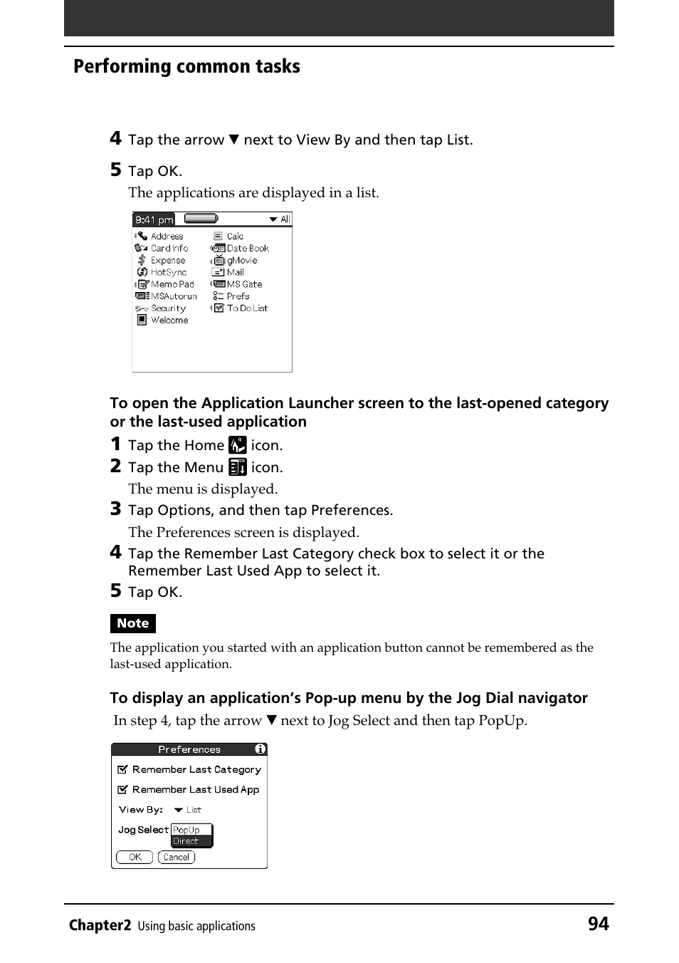 Displaying an application pop-up menu, 94 performing common tasks 4 | Sony PEG-N610C User Manual | Page 94 / 232