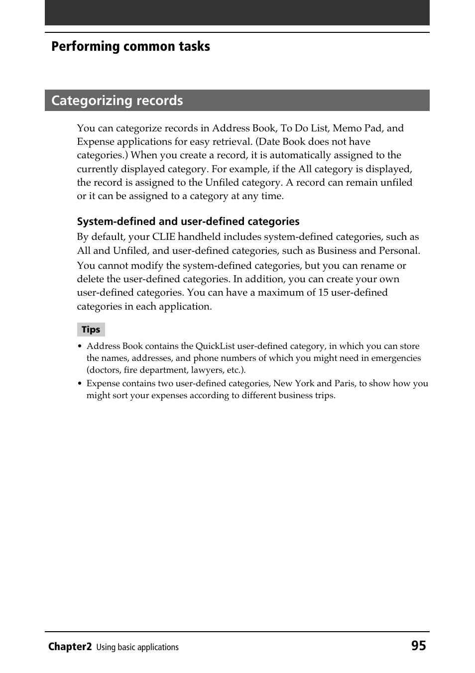 Categorizing records, 95 performing common tasks categorizing records | Sony PEG-N610C User Manual | Page 95 / 232