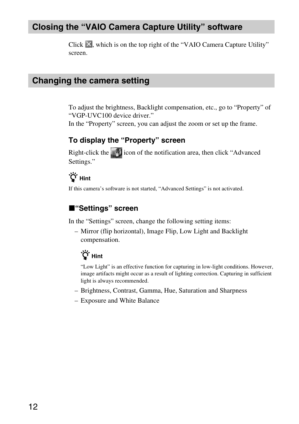 Closing the “vaio camera capture utility” software, Changing the camera setting | Sony VGP-UVC100 User Manual | Page 12 / 26