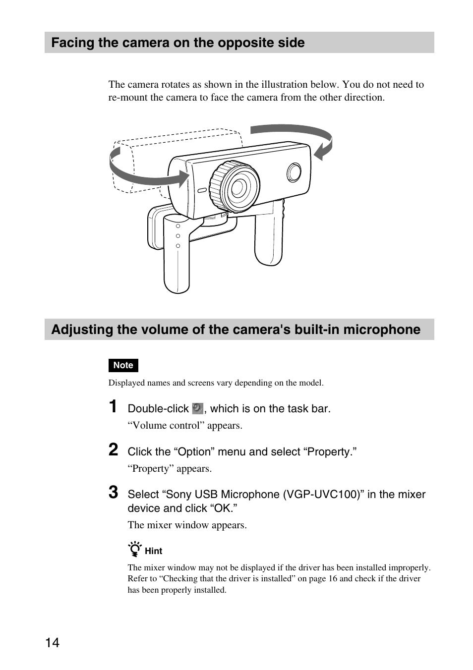Facing the camera on the opposite side | Sony VGP-UVC100 User Manual | Page 14 / 26