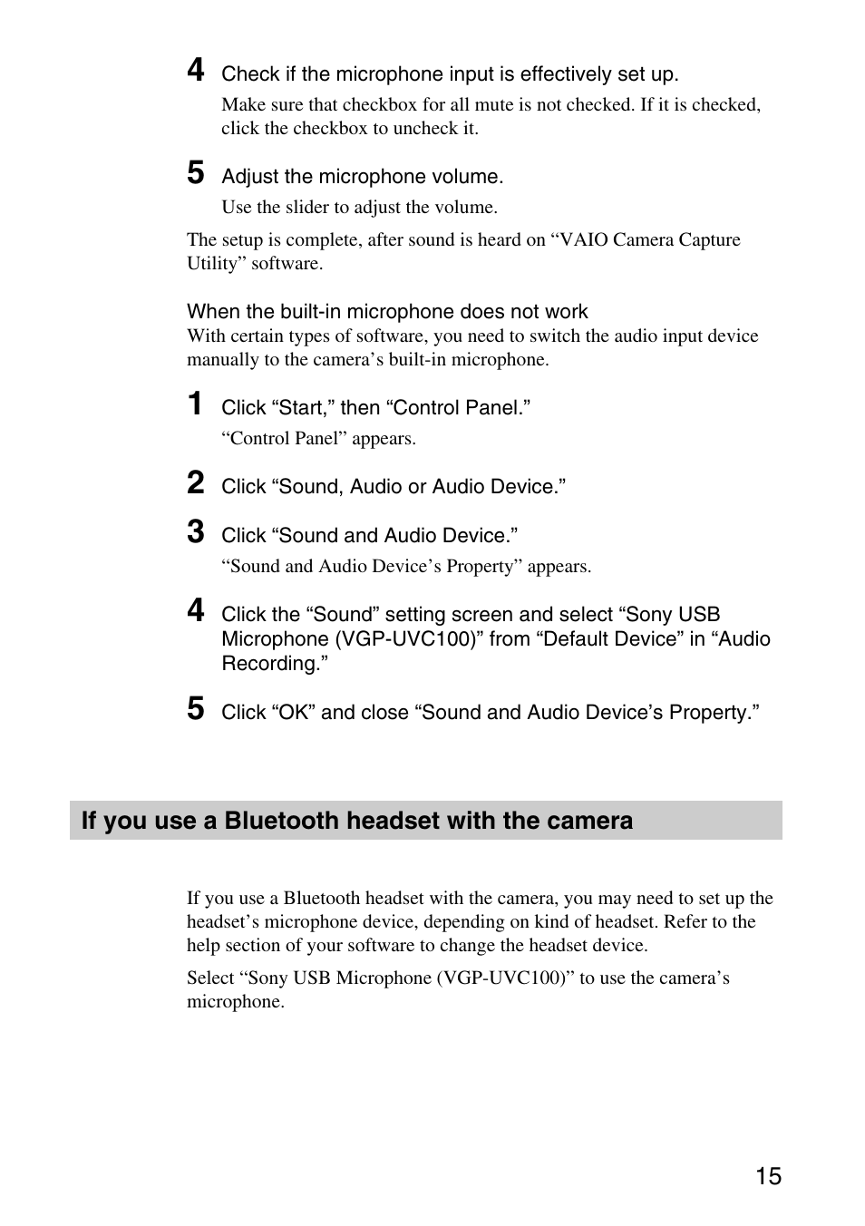 If you use a bluetooth headset with the camera | Sony VGP-UVC100 User Manual | Page 15 / 26