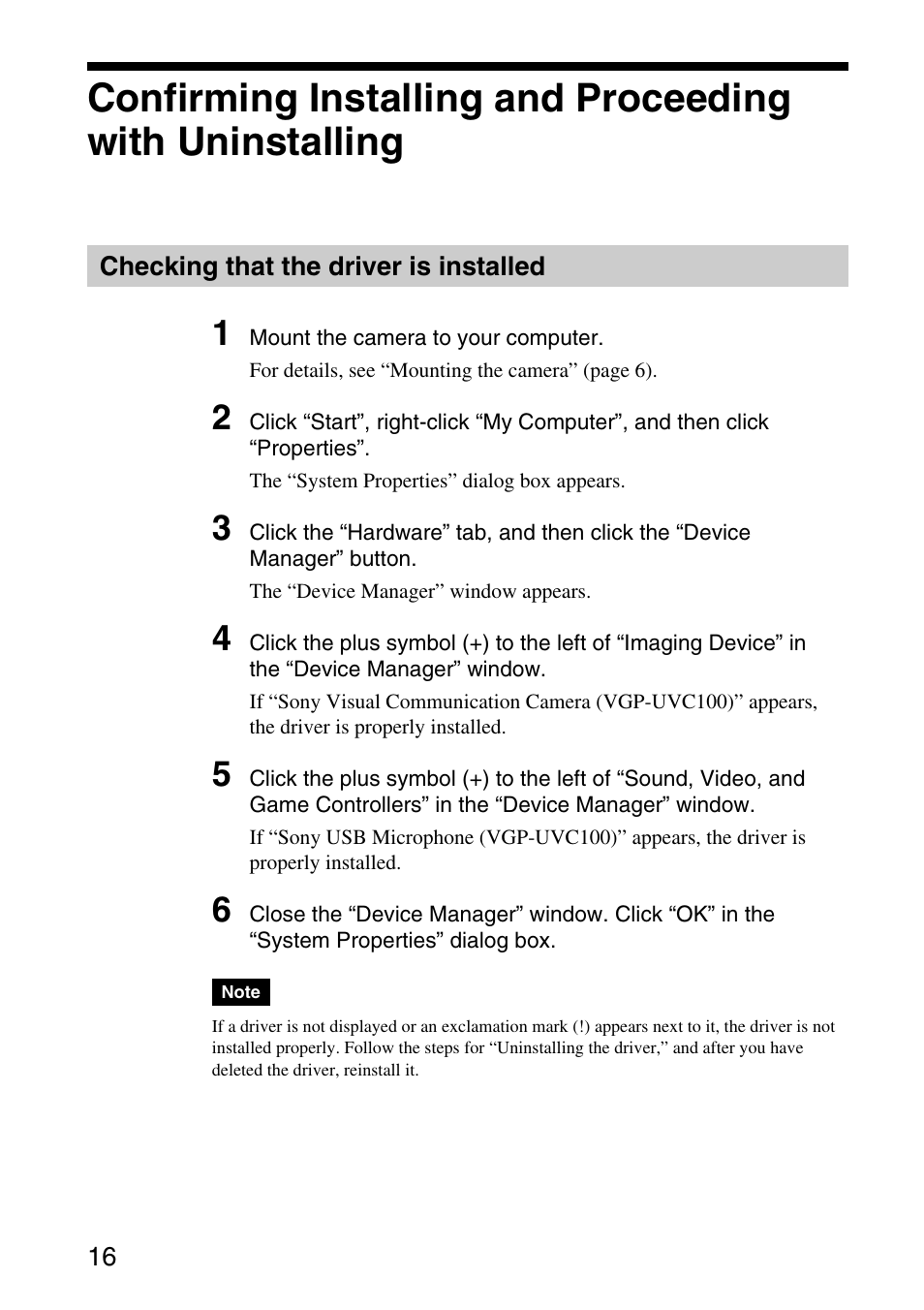 Checking that the driver is installed | Sony VGP-UVC100 User Manual | Page 16 / 26