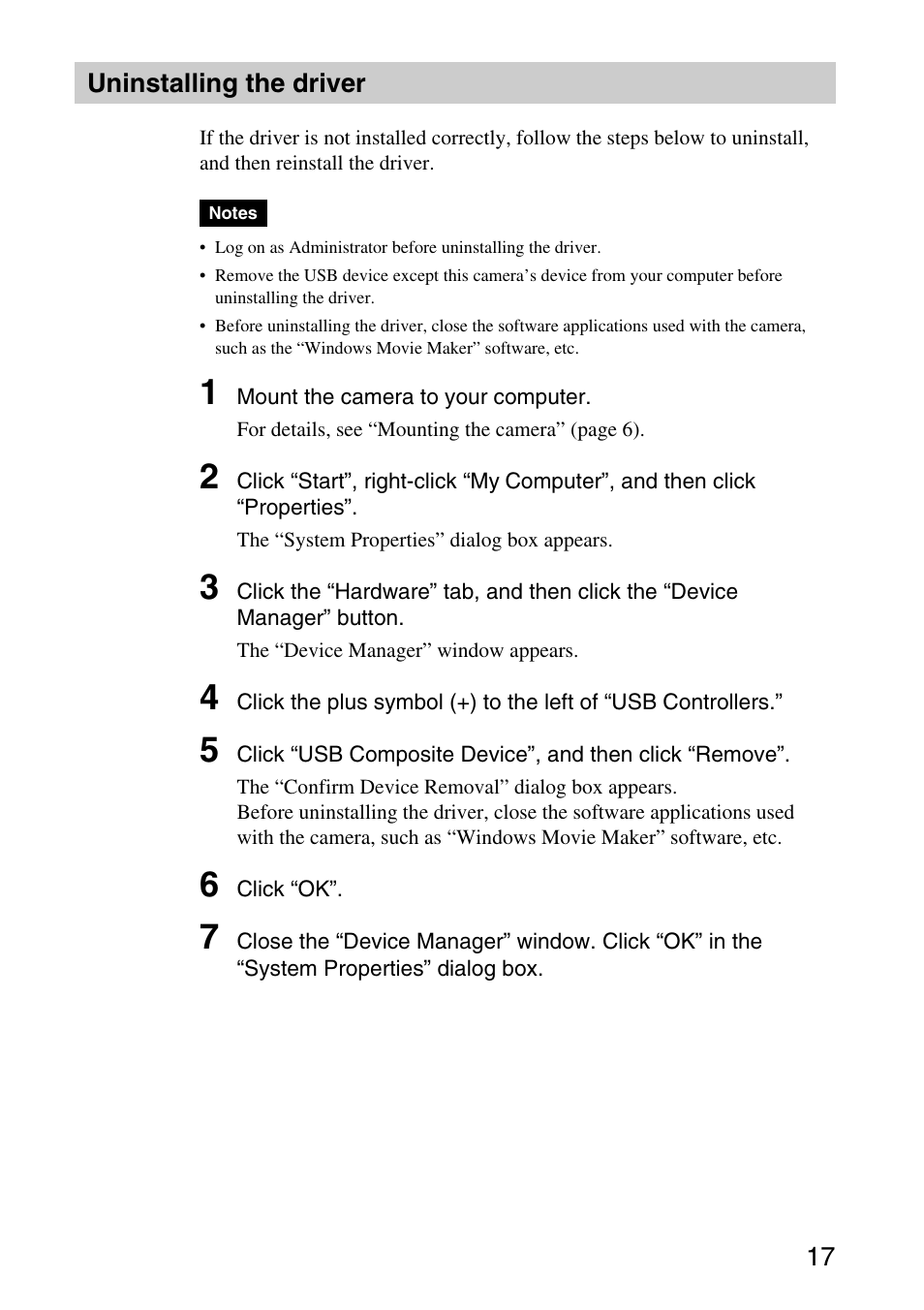 Uninstalling the driver | Sony VGP-UVC100 User Manual | Page 17 / 26