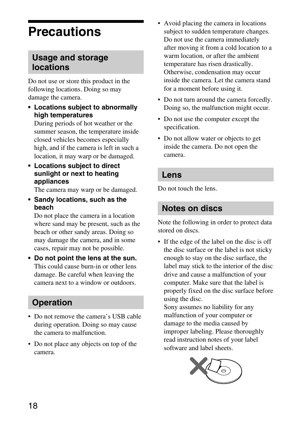 Precautions, Usage and storage locations, Operation | Lens | Sony VGP-UVC100 User Manual | Page 18 / 26