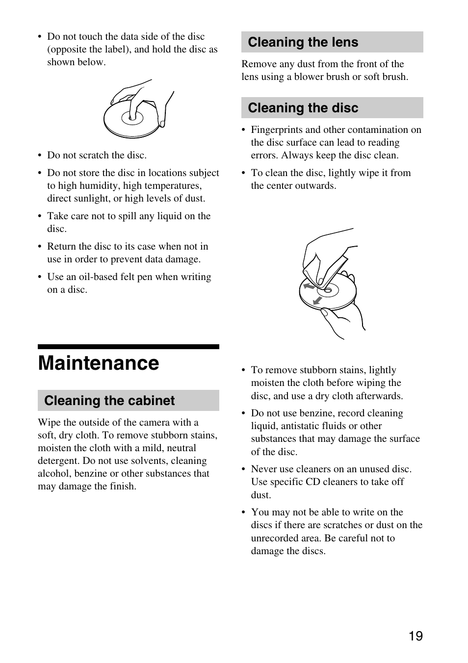 Maintenance, Cleaning the cabinet, Cleaning the lens | Cleaning the disc | Sony VGP-UVC100 User Manual | Page 19 / 26