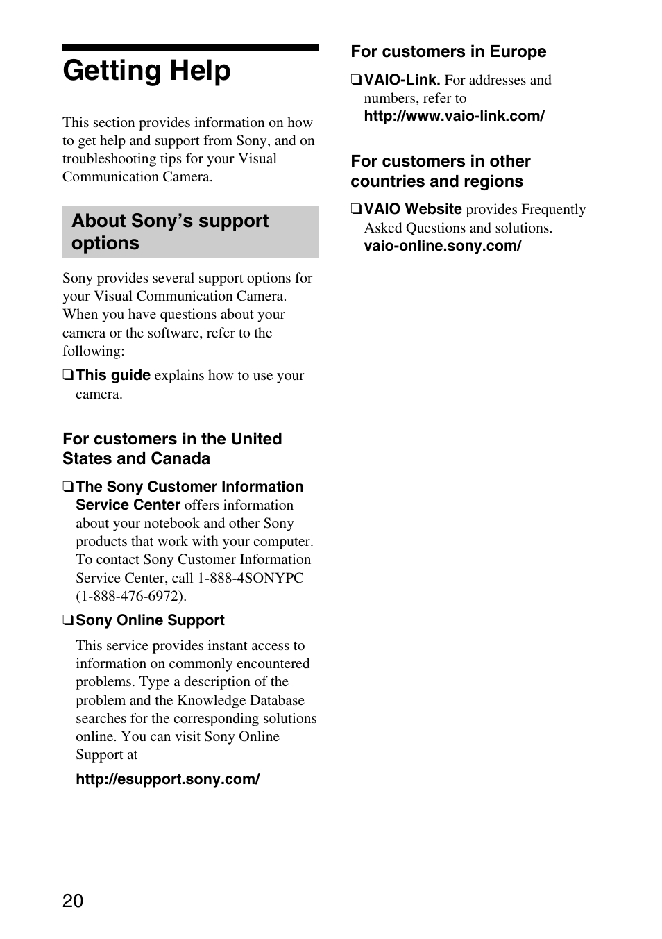 Getting help, About sony’s support options | Sony VGP-UVC100 User Manual | Page 20 / 26