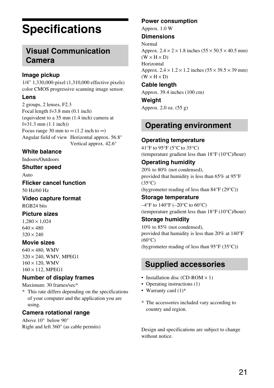 Specifications, Visual communication camera, Operating environment | Supplied accessories | Sony VGP-UVC100 User Manual | Page 21 / 26