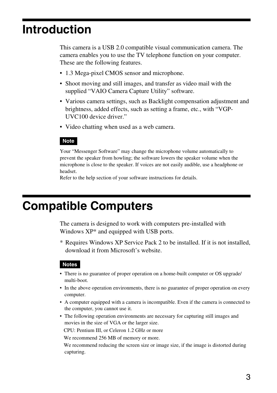Introduction, Compatible computers | Sony VGP-UVC100 User Manual | Page 3 / 26