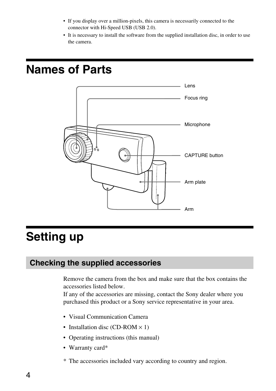 Names of parts, Setting up, Checking the supplied accessories | Names of parts setting up | Sony VGP-UVC100 User Manual | Page 4 / 26