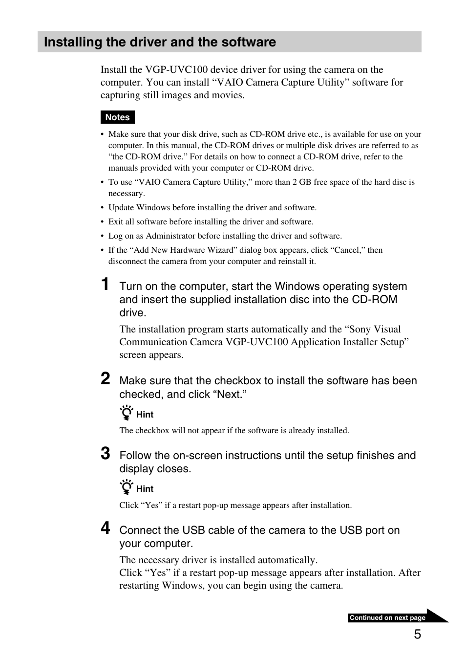 Installing the driver and the software | Sony VGP-UVC100 User Manual | Page 5 / 26