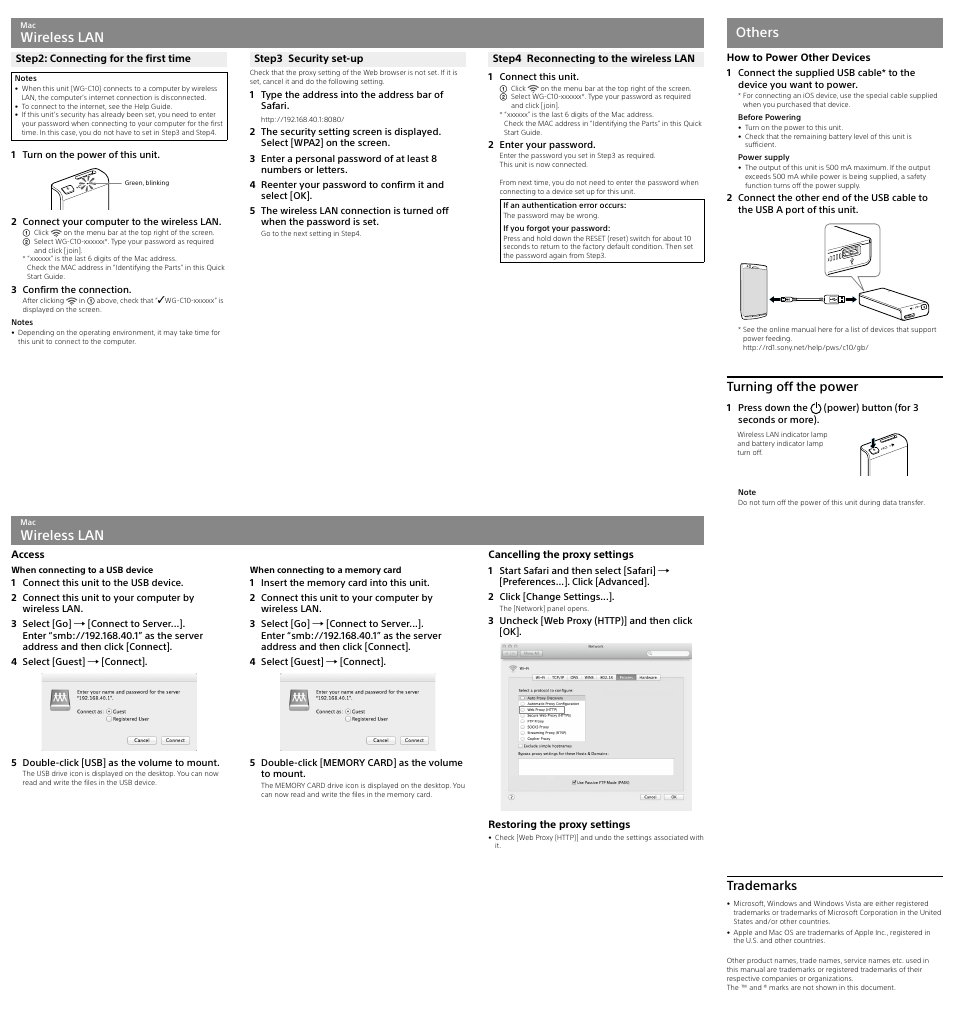 Wireless lan, Others, Turning off the power | Trademarks | Sony WG-C10 User Manual | Page 3 / 3