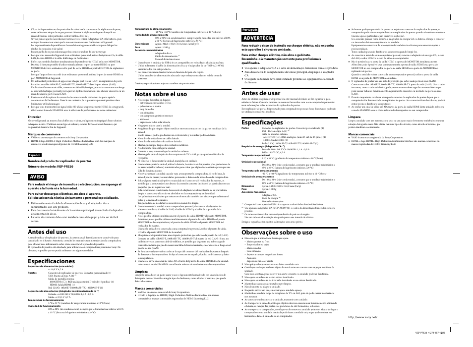 Antes del uso, Especificaciones, Notas sobre el uso | Antes de usar, Especificações, Observações sobre o uso, Aviso, Advertêcia | Sony VGPPRS20 User Manual | Page 2 / 2