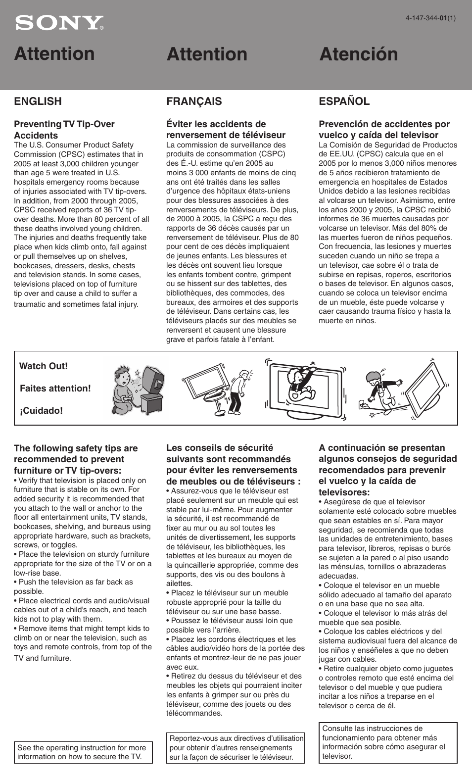 Attention, Attention atención | Sony KDL-22L5000 User Manual | Page 2 / 2