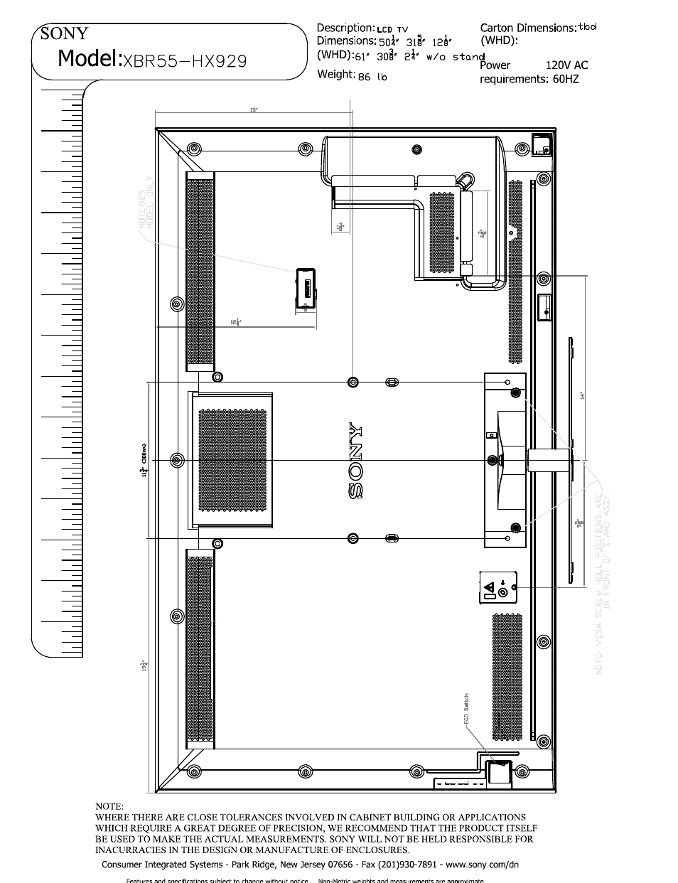 Power 120v ac, Weight: qs ib requirements: 60hz, Model | Sony XBR-55HX929 User Manual | Page 3 / 3