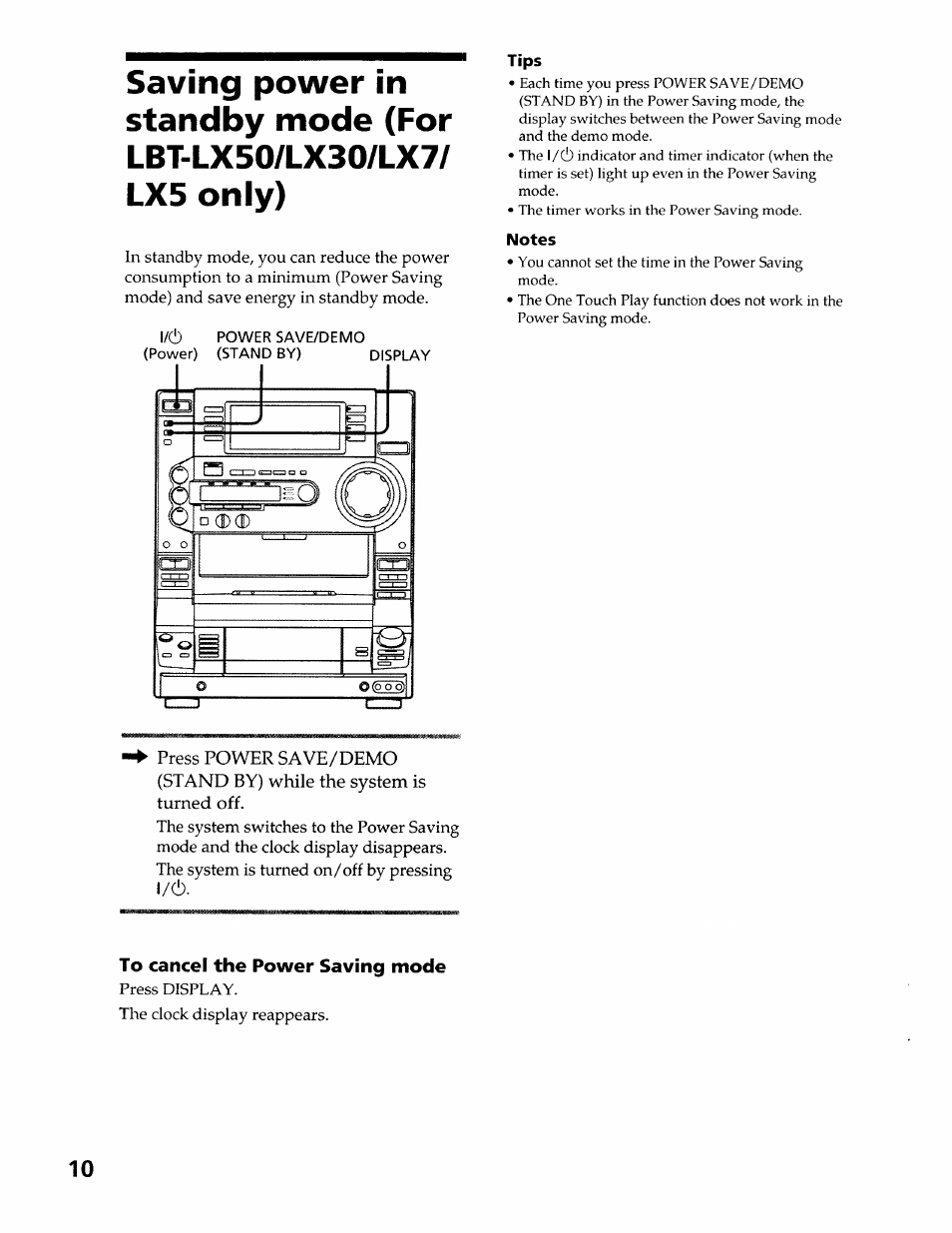 Tips, Notes, To cancel the power saving mode | Sony LBT-LX50 User Manual | Page 10 / 52