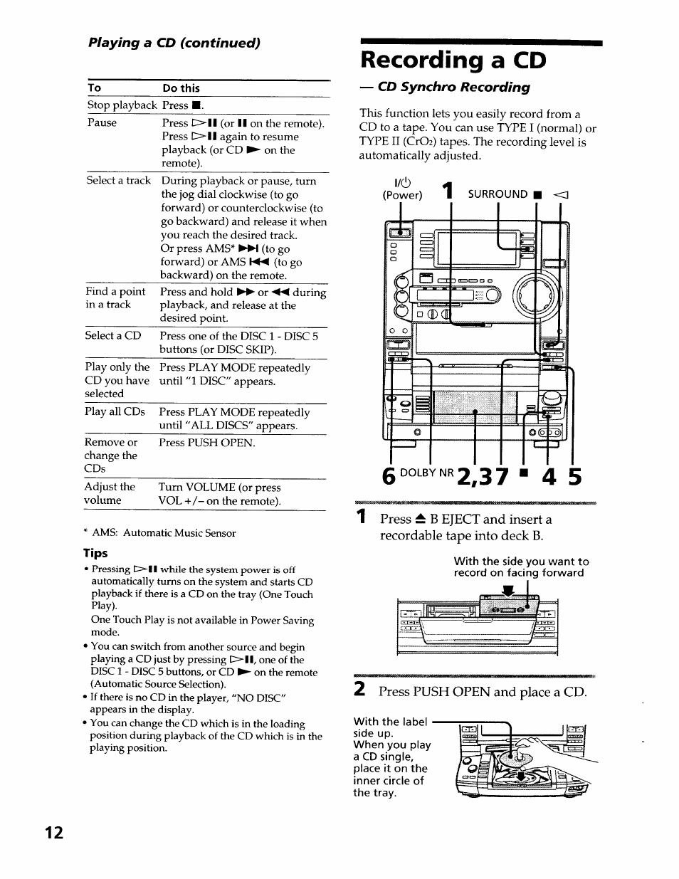 Tips, Recording a cd, Cd synchro recording | Press push open and place a cd | Sony LBT-LX50 User Manual | Page 12 / 52