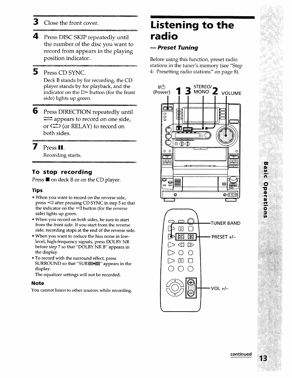 To stop recording, Tips, Note | Listening to the radio | Sony LBT-LX50 User Manual | Page 13 / 52