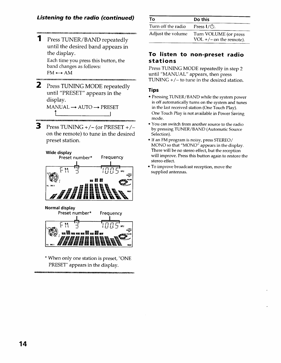 To listen to non-preset radio stations, Tips, T______________ i | Sony LBT-LX50 User Manual | Page 14 / 52