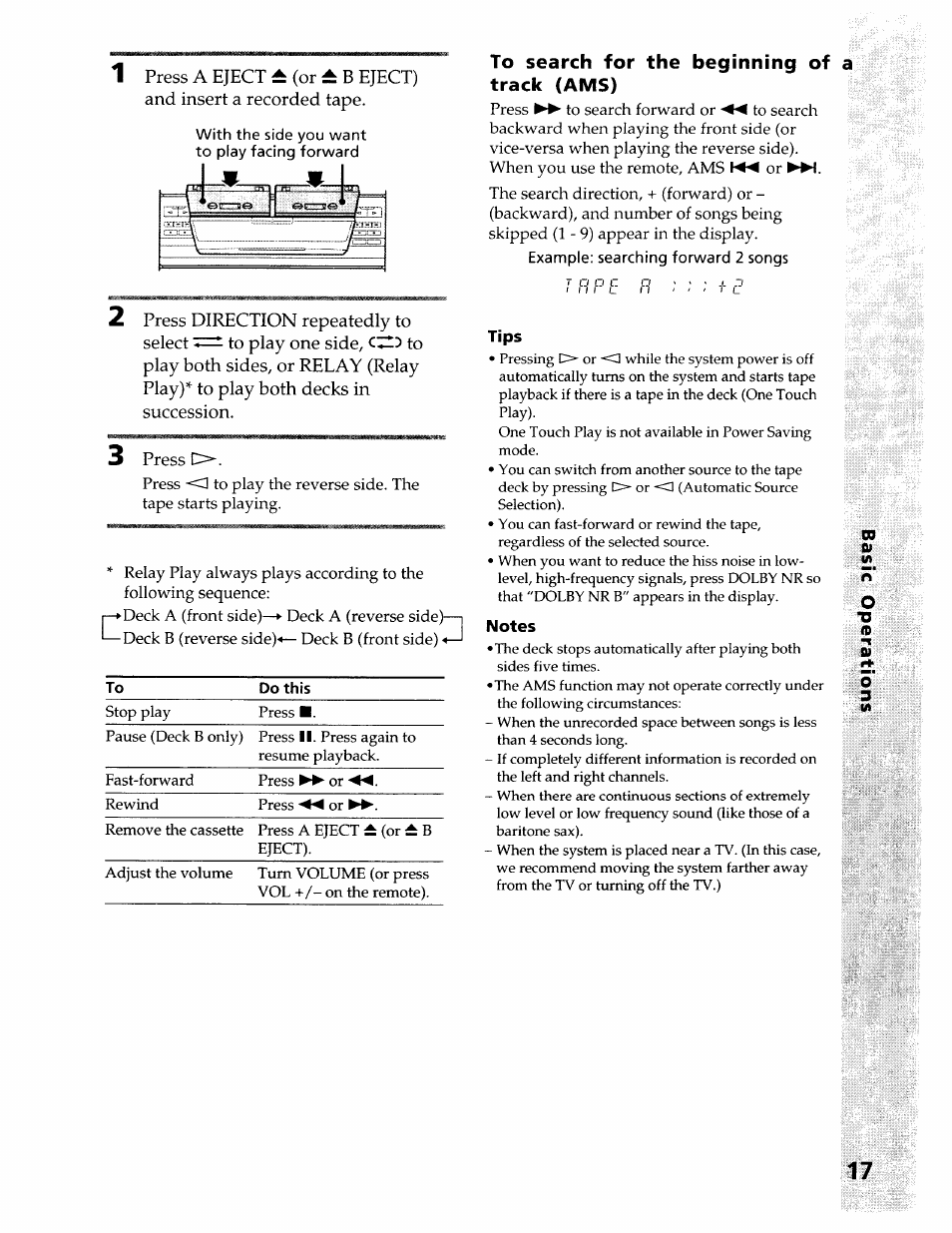 To search for the beginning of a track (ams), Tips, Notes | Press c | Sony LBT-LX50 User Manual | Page 17 / 52