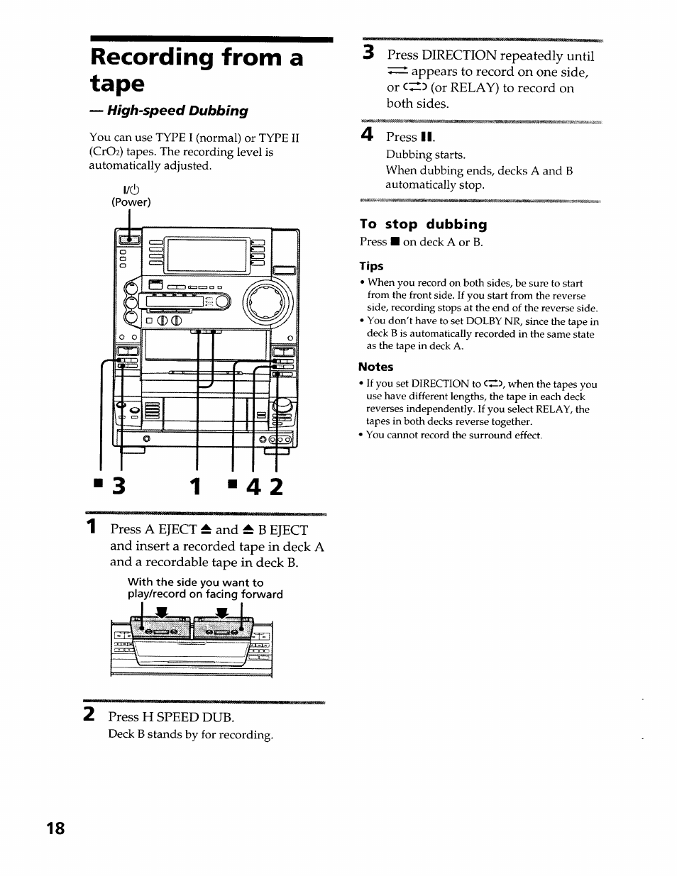 Recording from a tape, To stop dubbing, Tips | Notes | Sony LBT-LX50 User Manual | Page 18 / 52