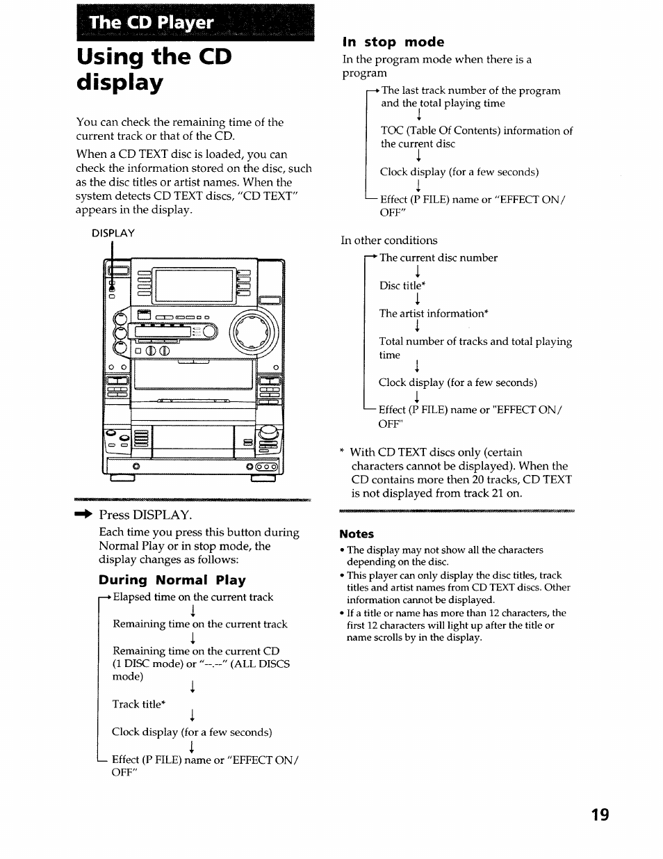 The cd player, Using the cd display, During normal play | In stop mode, Notes | Sony LBT-LX50 User Manual | Page 19 / 52