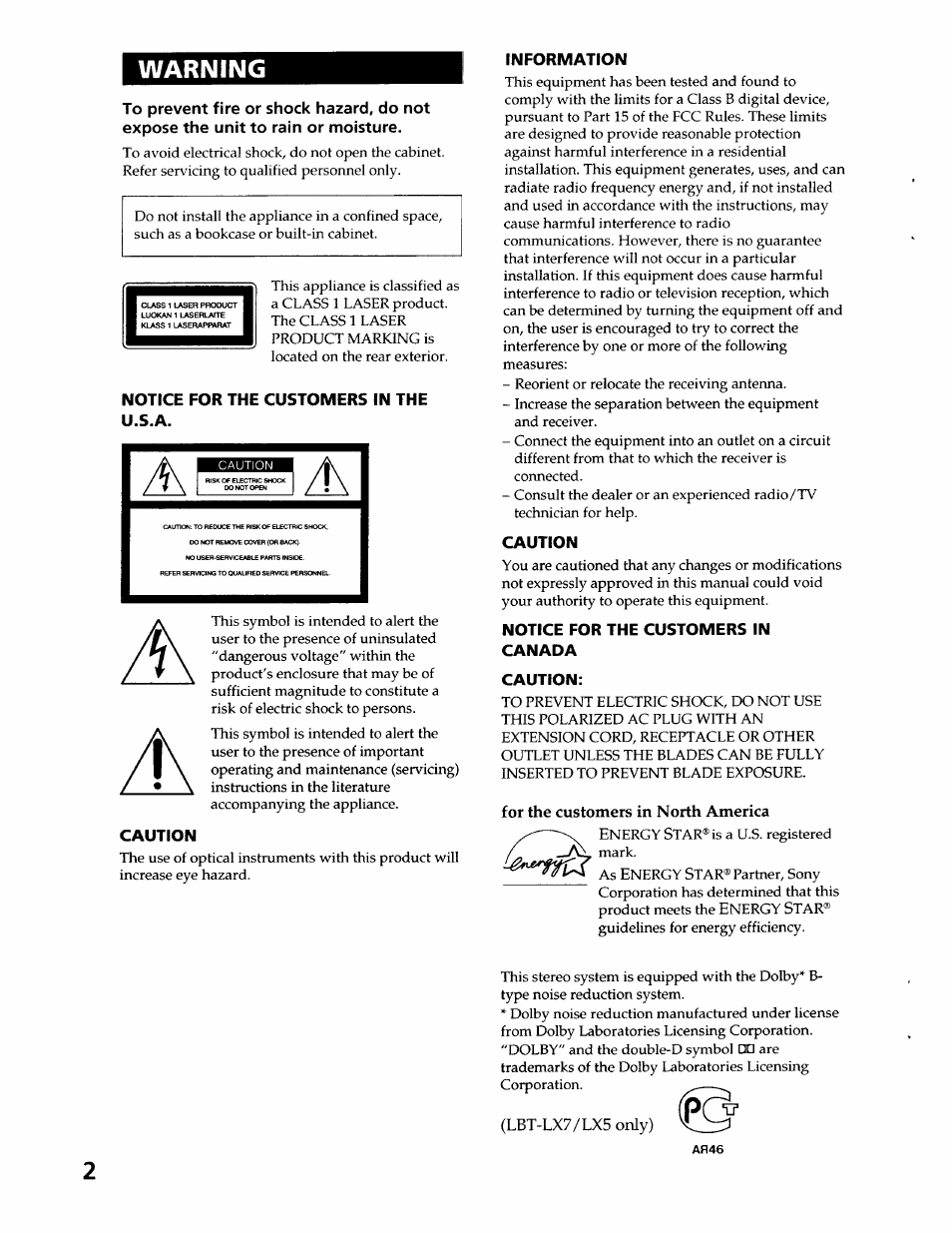 Warning, Notice for the customers in the u.s.a, Caution | Information, Notice for the customers in canada | Sony LBT-LX50 User Manual | Page 2 / 52