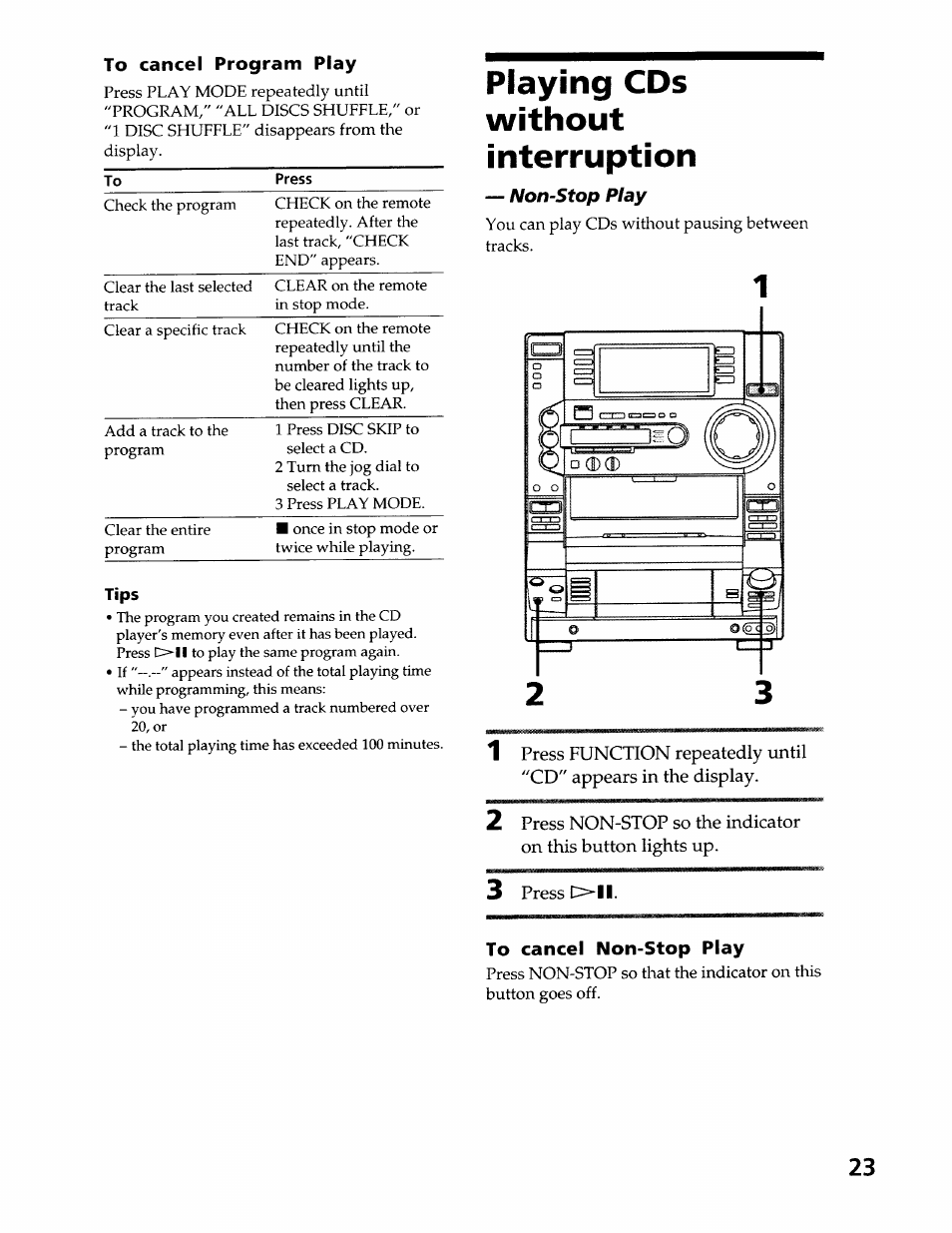 Tips, Playing cds, Without | Interruption, To cancel non-stop play, Playing cds without interruption, Coll | Sony LBT-LX50 User Manual | Page 23 / 52