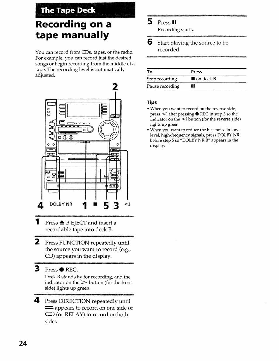 The tape deck, Recording on a tape manually | Sony LBT-LX50 User Manual | Page 24 / 52