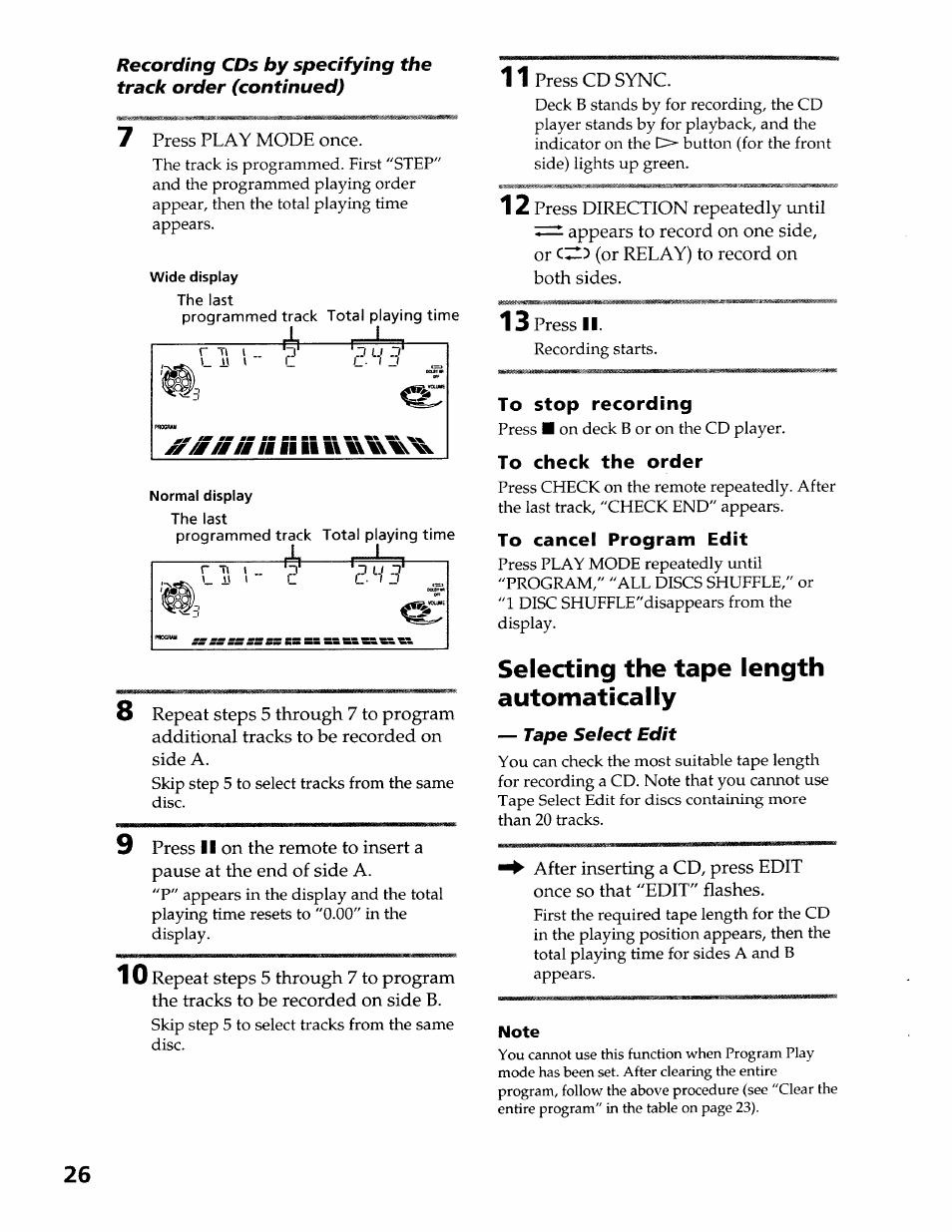 To stop recording, To check the order, To cancel program edit | Selecting the tape length automatically, Note, A v -7 | Sony LBT-LX50 User Manual | Page 26 / 52
