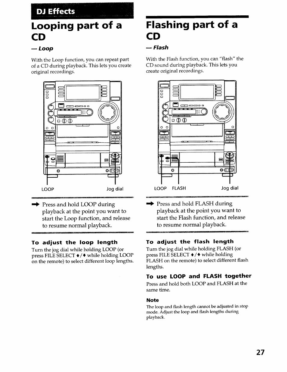 Looping part of a cd, To adjust the loop length, Flashing part of a cd | To adjust the flash length, To use loop and flash together, Note, Dj effects | Sony LBT-LX50 User Manual | Page 27 / 52