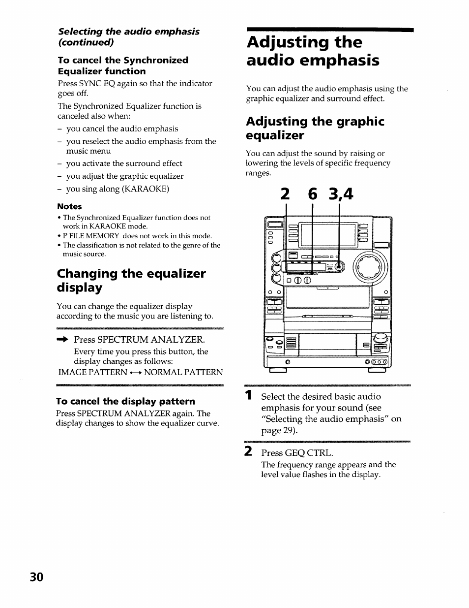 To cancel the synchronized equalizer function, Notes, Changing the equalizer display | Adjusting the audio emphasis, Adjusting the graphic equalizer | Sony LBT-LX50 User Manual | Page 30 / 52