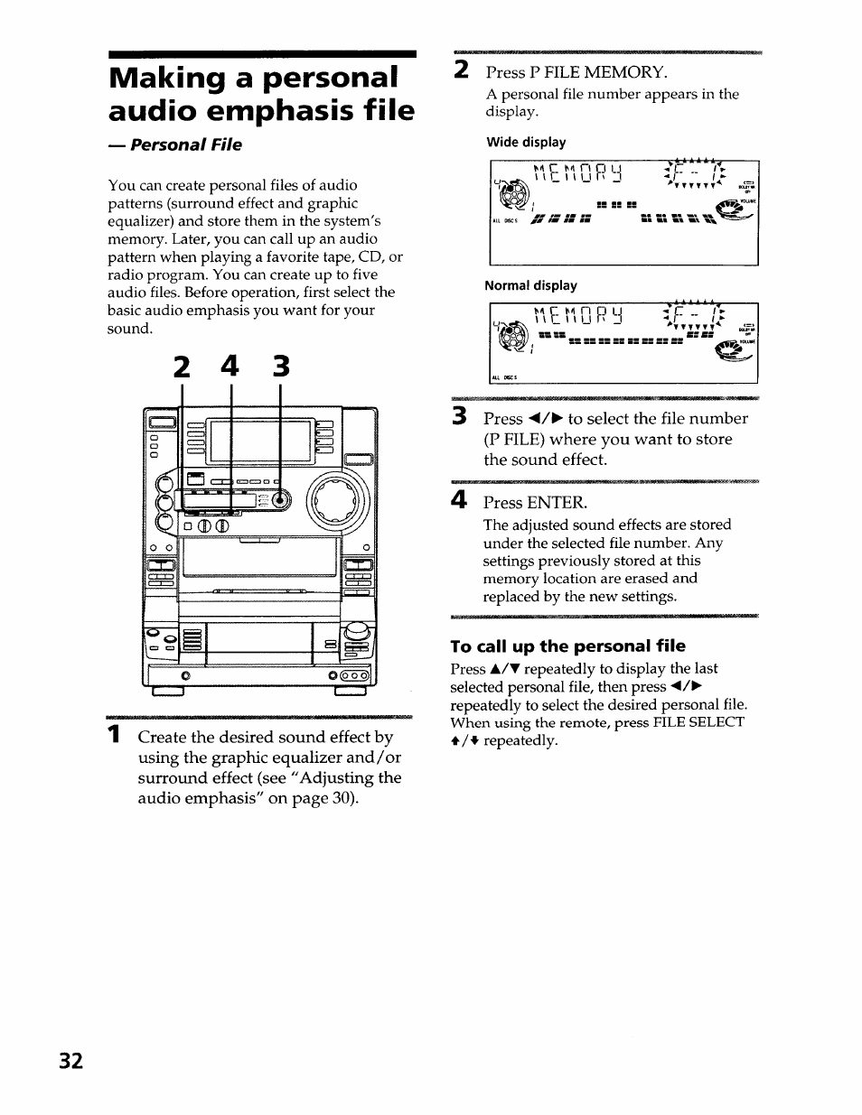 Making a personal audio emphasis file, To call up the personal file | Sony LBT-LX50 User Manual | Page 32 / 52