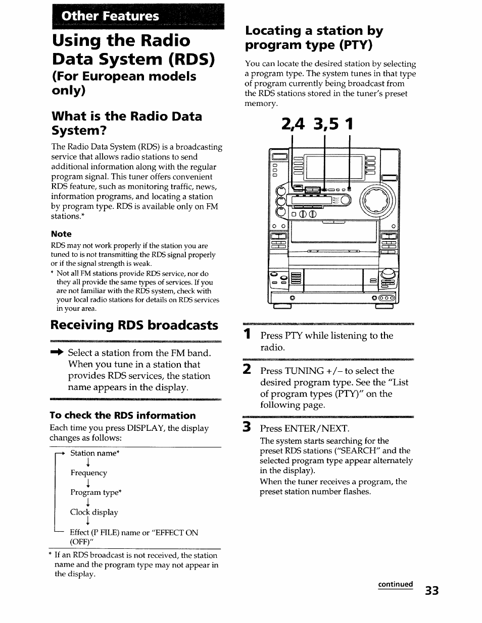 Other features, Using the radio data system (rds), For european models only) | What is the radio data system, Note, Receiving rds broadcasts, To check the rds information, Locating a station by program type (pty) | Sony LBT-LX50 User Manual | Page 33 / 52