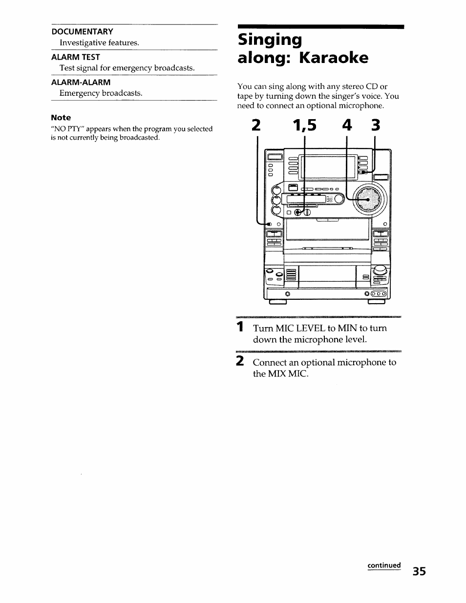 Documentary, Alarm test, Alarm-alarm | Note, Singing, Along: karaoke, Singing along: karaoke | Sony LBT-LX50 User Manual | Page 35 / 52