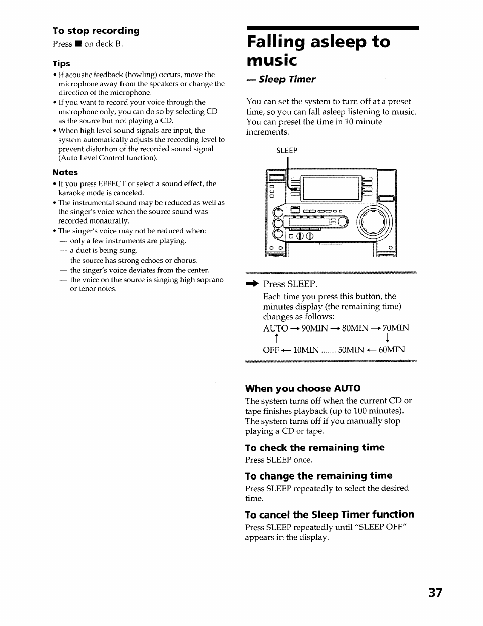 To stop recording, Tips, Notes | Falling asleep to music, When you choose auto, To check the remaining time, To change the remaining time, To cancel the sleep timer function | Sony LBT-LX50 User Manual | Page 37 / 52